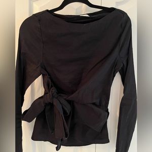 Black linen bow long sleeve top